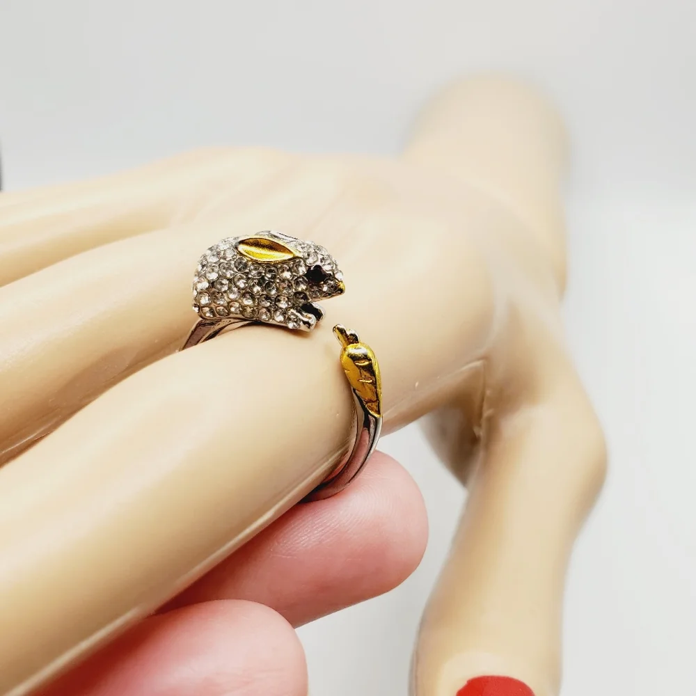 Rabbit bunny crystal ring adjustable sz 7 8 9 new Easter spring carrot 925 - Picture 5 of 12